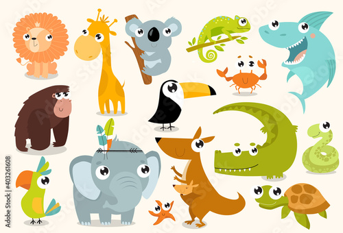 Print. Big set of animals. Tropical animals. cartoon animals. lion, giraffe, gorilla, crab, shark, snake, elephant, parrot, koala, kangaroo, crocodile, turtle 