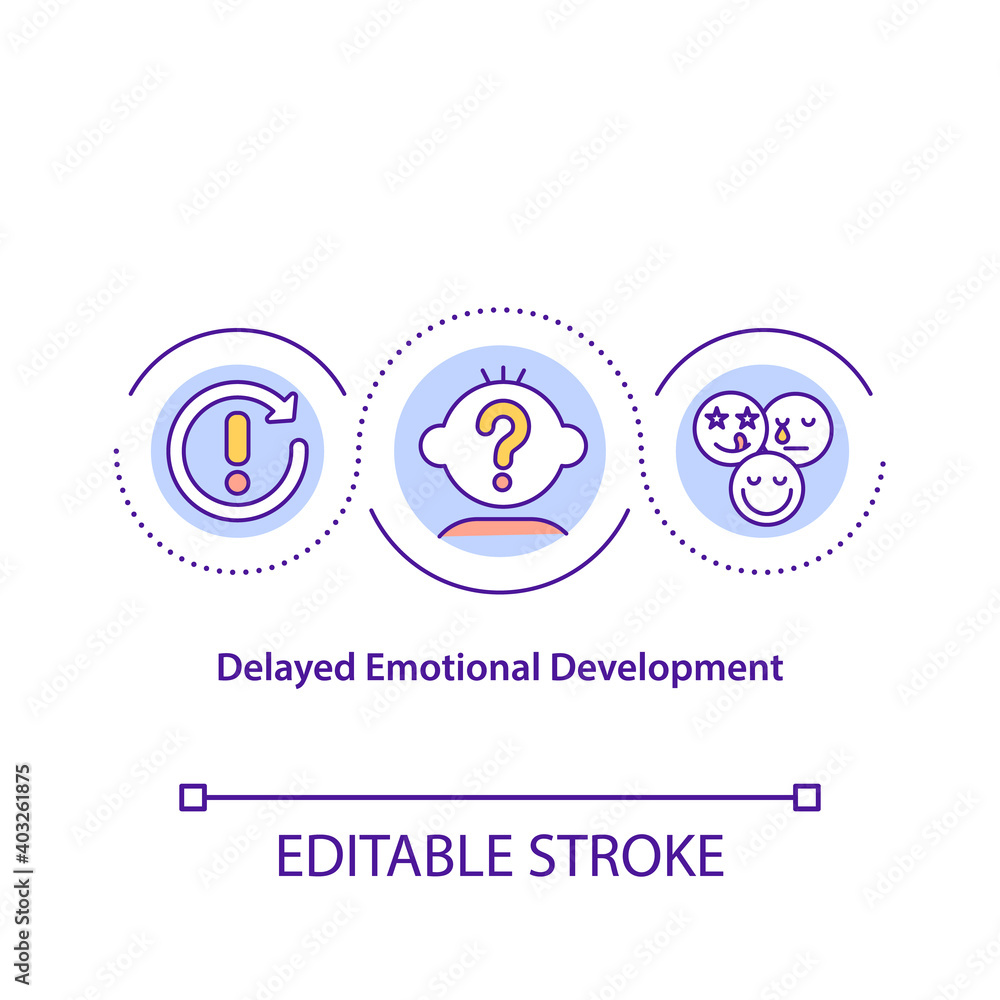 Delayed emotional development concept icon. Cognitive problem. Intelligence impairment. Child safety idea thin line illustration. Vector isolated outline RGB color drawing. Editable stroke