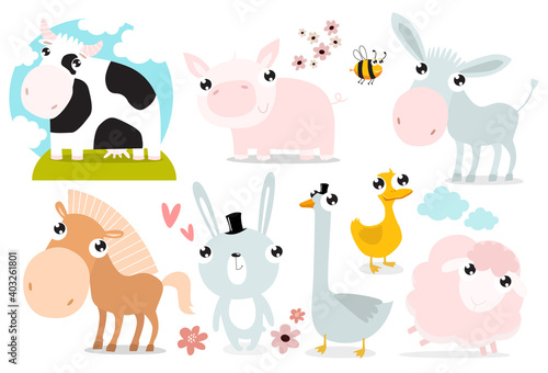 Fototapeta Naklejka Na Ścianę i Meble -  Print. set with pets. animal farms. cow, pig, donkey, horse, rabbit, goose, duck, sheep, lamb. cartoon animals. cartoon characters