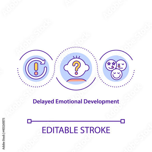 Delayed emotional development concept icon. Cognitive problem. Intelligence impairment. Child safety idea thin line illustration. Vector isolated outline RGB color drawing. Editable stroke