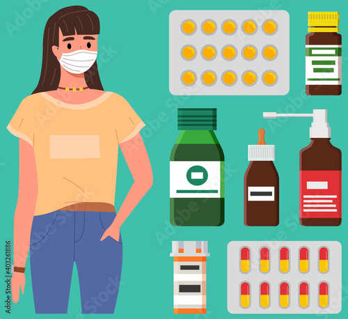 Female character is using a mask. The girl is pictured next to a set of medicines treatment. Various tubes and tablets for treatment, coronavirus, quarantine time, self-isolation, covid-19 pandemic