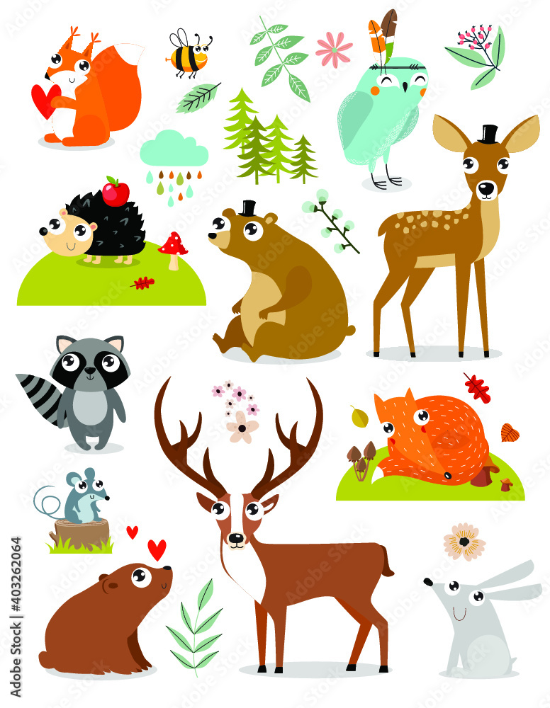 Obraz premium Vector forest animals collection including deer, bear, squirrel, fox, hedgehog, fawn, hare, raccoon, mouse, owl, bee. autumn forest. Cartoon animals. Cartoon characters. 