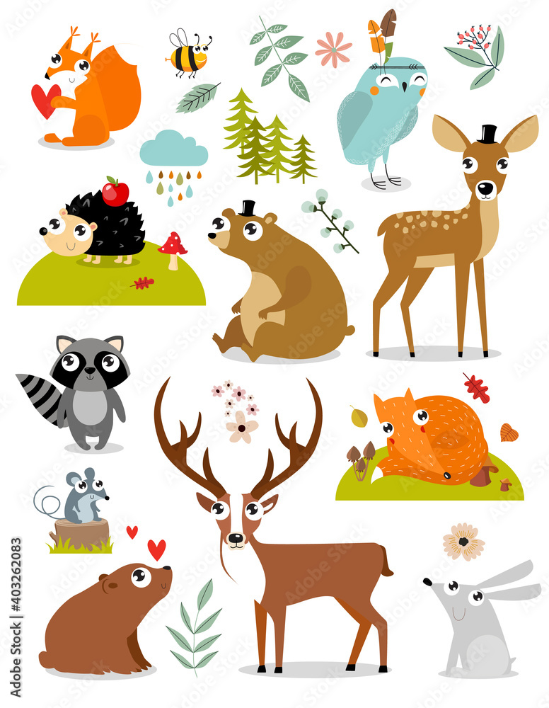 Obraz premium Print. forest animals collection including deer, bear, squirrel, fox, hedgehog, fawn, hare, raccoon, mouse, owl, bee. autumn forest. Cartoon animals. Cartoon characters. 