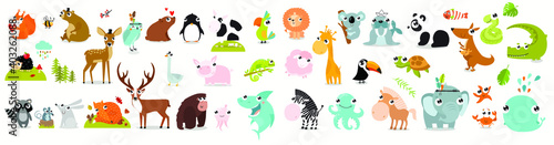 Big vector set of animals. cow  alligator  bear  panda  penguin  octopus  koala  cartoon characters  zebra  animal logo  fox  pig  deer  monkey  rabbitgiraffe  whale  forest animals. vector animals