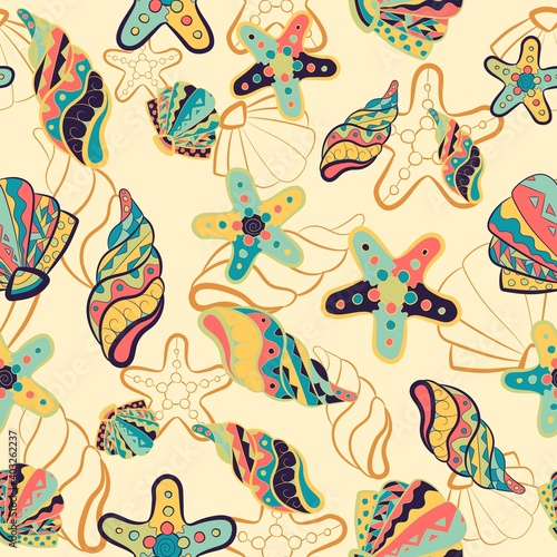 Seamless pattern with starfish, clams, oysters and shells. Repetitive background with sea creatures and ocean life. Invertebrate and reef undersea.