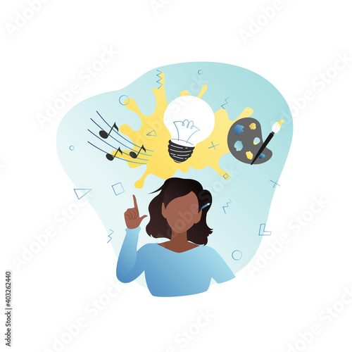 Creative woman with pencil behind her ear had lot of ideas in head, in thoughts. Creative African American girl is engaged in music, singing, drawing. Designer and light bulb, notes, paints.