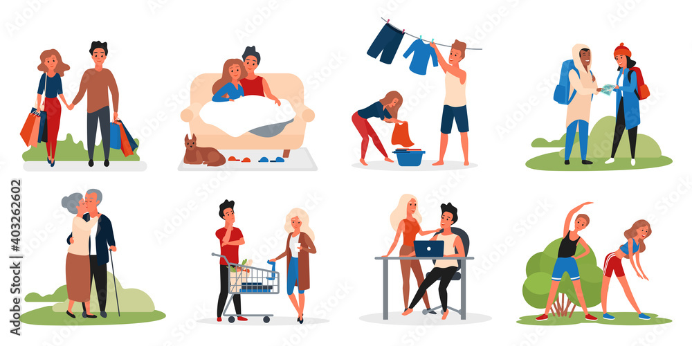Couple people activity vector illustration set. Cartoon active man woman young and old lover characters shopping walking kissing hikking doing sports together, love and relationship isolated on white