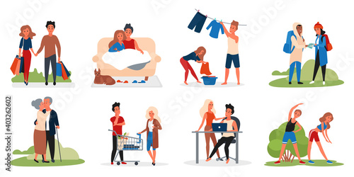 Couple people activity vector illustration set. Cartoon active man woman young and old lover characters shopping walking kissing hikking doing sports together, love and relationship isolated on white