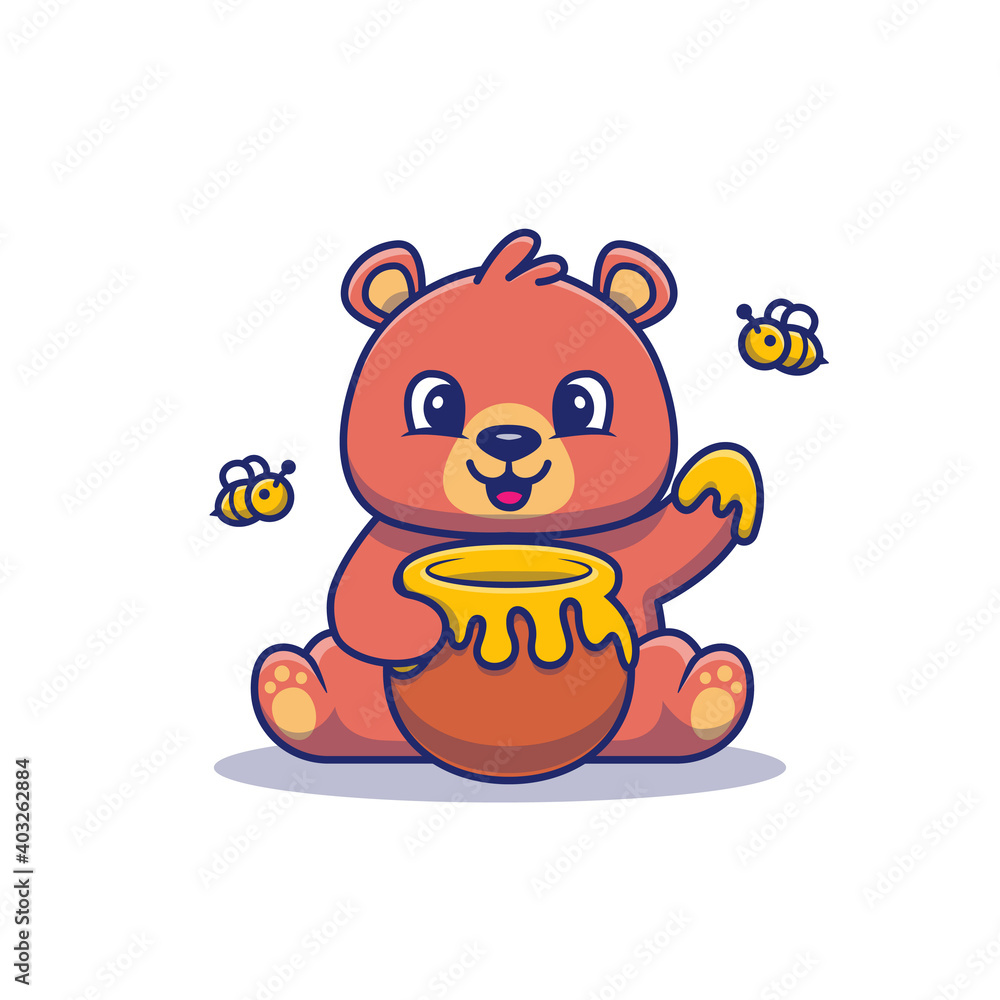Cute Honey Bear Sitting And Eating Honey With Bee Cartoon Vector Icon ...