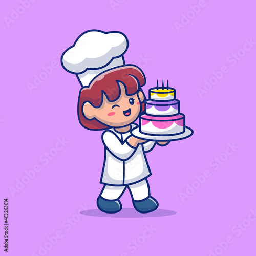 Cute Chef Woman Bring Birthday Cake Cartoon Vector Icon Illustration. People Food Icon Concept Isolated Premium Vector. Flat Cartoon Style