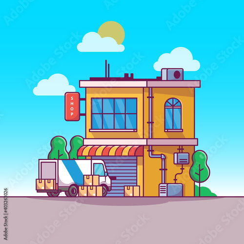 Shop Building With Delivery Truck Cartoon Vector Icon
Illustration. Building Business Icon Concept Isolated Premium Vector. Flat Cartoon Style