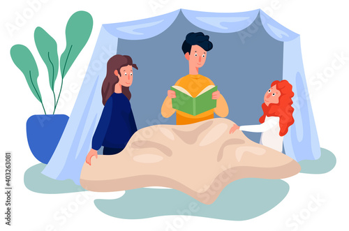 Father and his children are sitting in self made wigwam and reading a fairytale. The concept of happy family and earlier education process. Flat design Illustration. Vector.