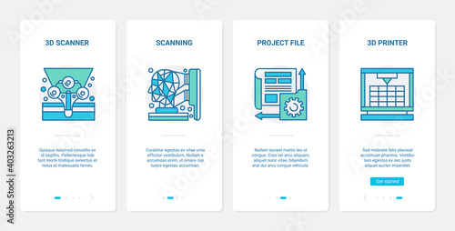 Printing scanning equipment vector illustration. UX, UI onboarding mobile app page screen set with line document scanner with human head abstract symbol, printer offset machine for typography printery
