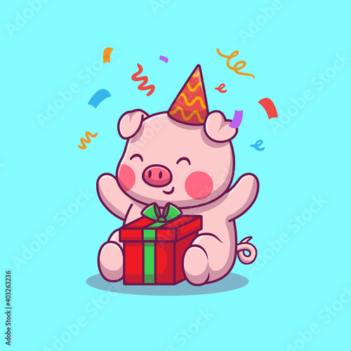 Cute Pig Birthday Party With Gift Cartoon Vector Icon
Illustration. Animal Holiday Icon Concept Isolated Premium Vector. Flat Cartoon Style