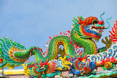 Colorful mosaic dragon statue on the roof of a Chinese temple