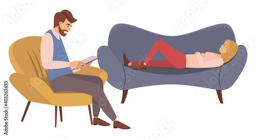 At the reception of a psychotherapist. A woman is lying on a couch in a psychologist s office male psychiatrist sits opposite and takes notes, helps to solve personal problems and overcome fears