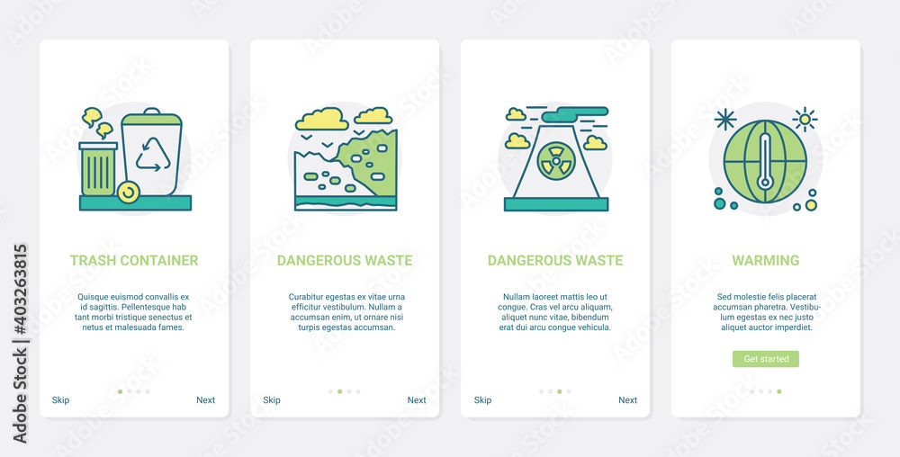 Environmental problems of planet earth vector illustration. UX, UI onboarding mobile app page screen set with line environment warming symbols, danger of industrial pollution, dangerous trash waste