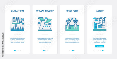 Power manufacture, oil and gas industry vector illustration. UX, UI onboarding mobile app page screen set with oil production platform symbols, nuclear plant, electric energy power line generation