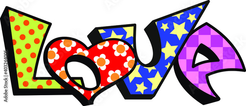 Love. Lettering. Pop Art. Heart. Valentine's card. Multicolor. Romantic background. Template for packaging.