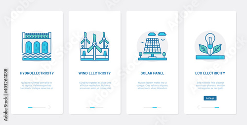 Environmental sustainable resource technology vector illustration. UX, UI onboarding mobile app page screen set with line solar panel, wind electricity with turbine windmill, hydroelectric power plant