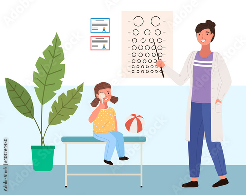 Woman checks the child s eyesight. Table for testing visual acuity in the ophthalmologist s office. Doctor in white coat conducting study of state of vision. Girl at the appointment with optometrist