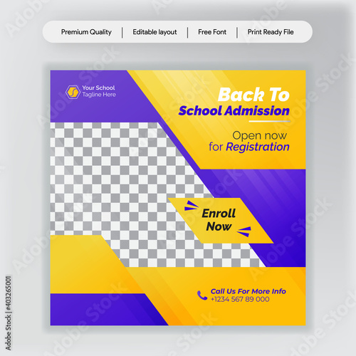 School Students Admission social media post, promotional discount Back to school admission social media post banner template Design.Back to School admission by social media Instagram,Facebook post kit