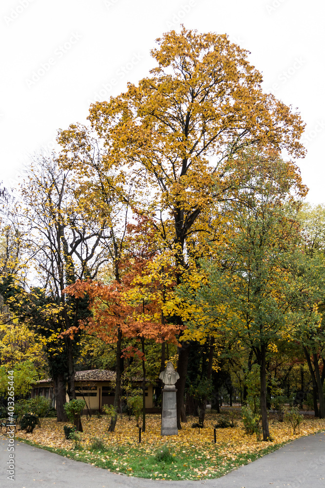 Autumn landscape in Herastrau park and Leonardo da Vinci statue, Bucharest, Romania.