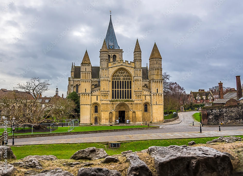 A view of Rochester cathedral, UK from the adjacent castle grounds