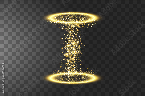 Futuristic teleport. Magic fantasy portal. Light effect. Golden Candles rays of a night scene with sparks on a transparent background. Empty light effect of the podium. Disco club dancefloor.