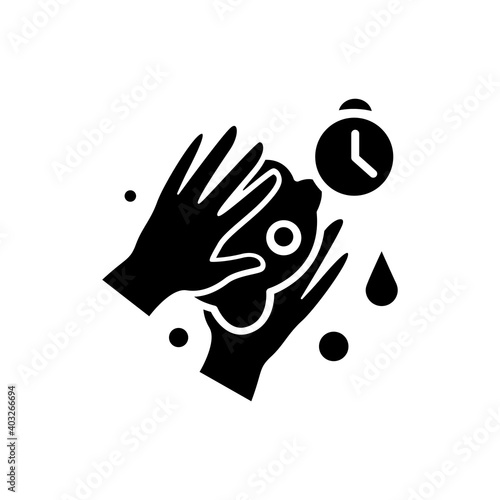 Hand wash glyph icon. New normal concept.Hygiene rules, hand wash time filled flat sign. Hand sanitizing culture. New life after covid19 outbreak. Pandemic time.Isolated silhouette vector illustration