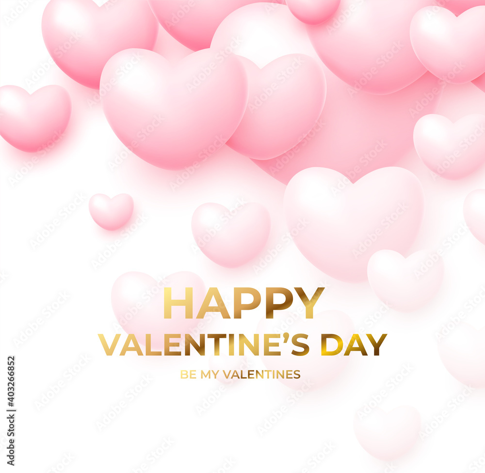 Design concept for Valentines day poster with pink and white flying balloons with golden lettering Happy Valentines Day. Vector illustration