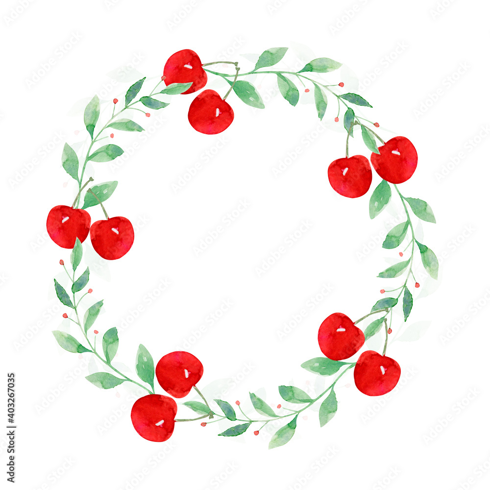 Hand painted watercolor Cherry Wreath isolated Hand painted watercolor Cherry Wreath isolated