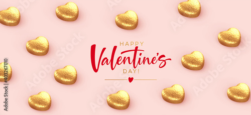 Background for Valentines Day banner, poaster, postcard made of heart-shaped chocolates wrapped in gold foil with the inscription Happy Valentines Day on a pink background. Vector illustration