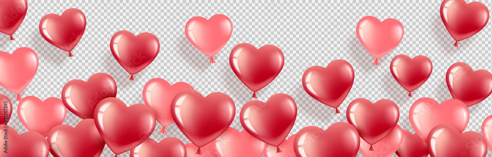 Happy Valentine s Day. Gel balloons-hearts red and pink. Horizontal banner with place for text. Happy Birthday, International Women s Day. Isolated on a transparent background.