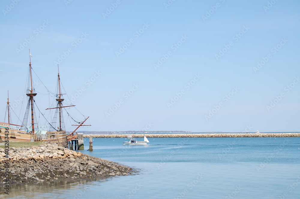 Ocean View Mayflower Sailboat Docked in Plymouth Harbor Massachusetts in Spring