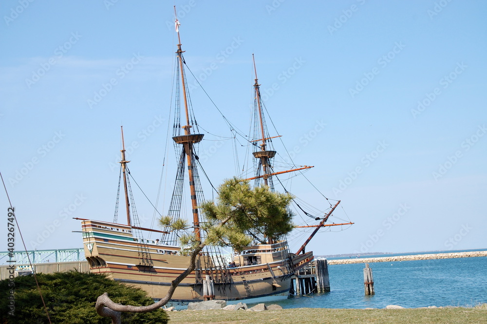 Mayflower Ship Docked at Plymouth Harbor in Massachusetts Springtime Northeast Atlantic Ocean