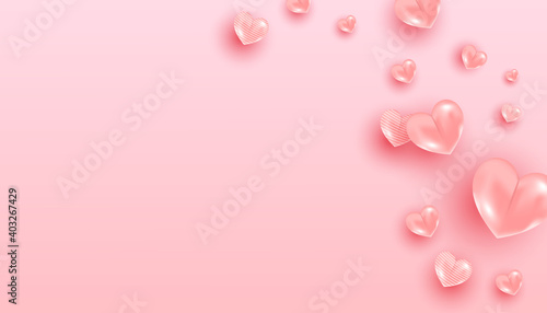 Realistic flying air heart shaped elements on pink background for romantic banner design. Happy valentine day. Horizontal minimal poster, greeting card, headers for website
