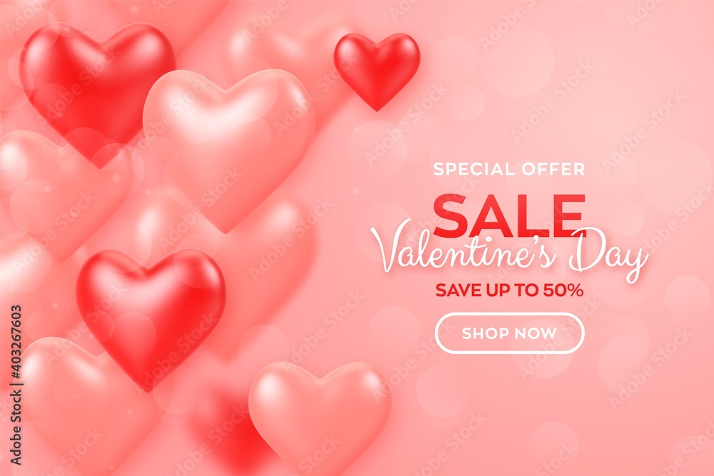 Happy Valentine's Day. Valentines day sale banner with red and pink balloons 3d hearts background. Wallpaper, flyer, invitation, poster, brochure, greeting card. Vector illustration.