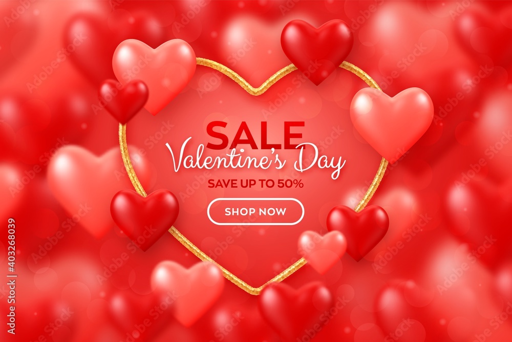 Happy Valentines day sale banner. Shining heart shaped golden frame with red and pink balloons 3d hearts background. Wallpaper, flyer, poster, brochure, greeting card. Vector illustration.