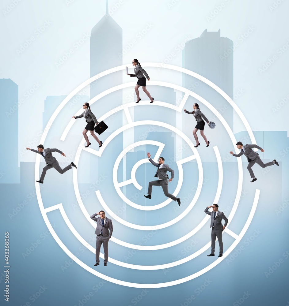 Business people getting lost in maze uncertainty concept Business people getting lost in maze uncertainty concept