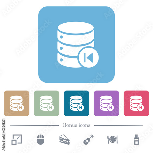 Database macro prev flat icons on color rounded square backgrounds