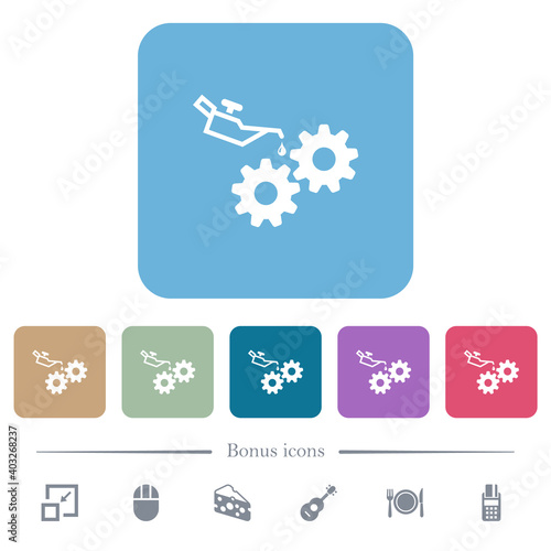 Oiler can and gears flat icons on color rounded square backgrounds