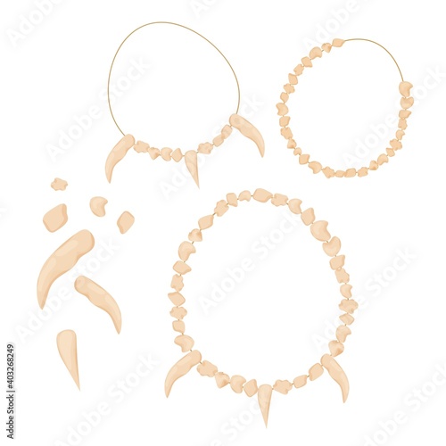 Stone age set of jewelry, amulet from bones, teeth isolated on white background in cartoon style. Various design and pieces. Caveman ancient hand made decoration.