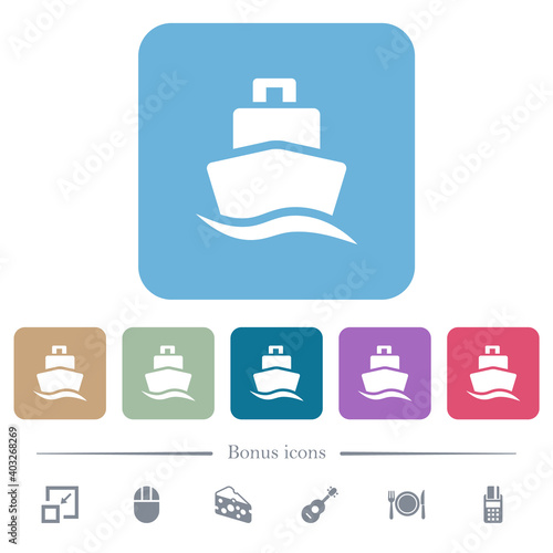 Cruise ship flat icons on color rounded square backgrounds