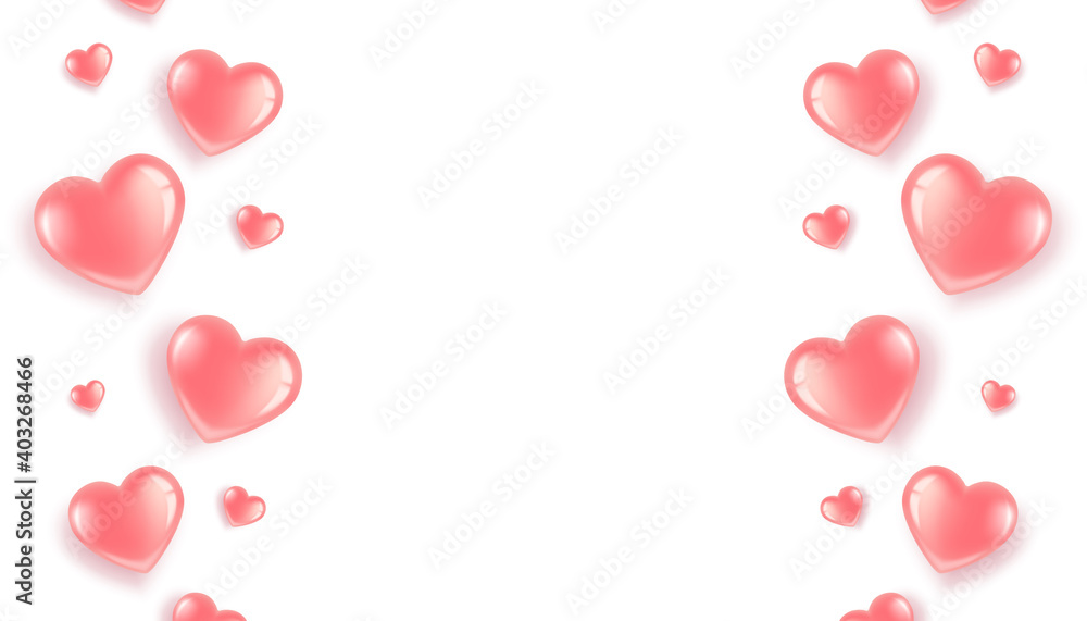 Poster with pink hearts border on white background. Postcard for Valentine s Day and International Women s Day. In a 3D realistic style.