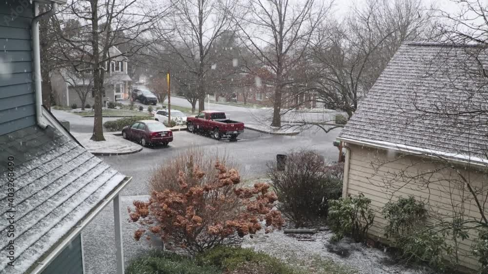 custom made wallpaper toronto digitalSnow falls in a quiet suburban neighborhood in a lush forested area in North America. 4k and 60fps