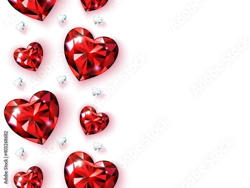 Banner with vertical borders of red rubies and diamonds. Heart shaped gems. Valentine card for Valentine s Day, Women s Day, wedding illustration. Isolated on white background Vector.