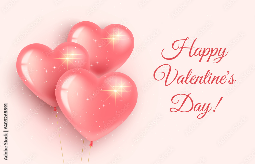 Greeting card banner for Valentine s Day and International Women s Day. Three pink heart-shaped balloons with sparkles. On a pink background. 3d realistic style.