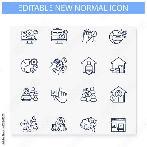 New normal concept line icons set. Health care and prevention culture. Social isolation and global automation. New life after covid19 outbreak. Isolated vector illustrations. Editable stroke 