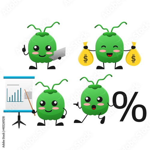 vector illustration of cute coconut fruit business finance theme bundle set. cute coconut fruit Concept White Isolated. Flat Cartoon Style Suitable for Landing Page, Banner, flyer, Sticker.